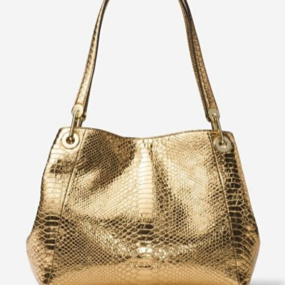 Michael Kors Raven Snakeskin Gold Leather Tote Bag Purse - Picture 1 of 14